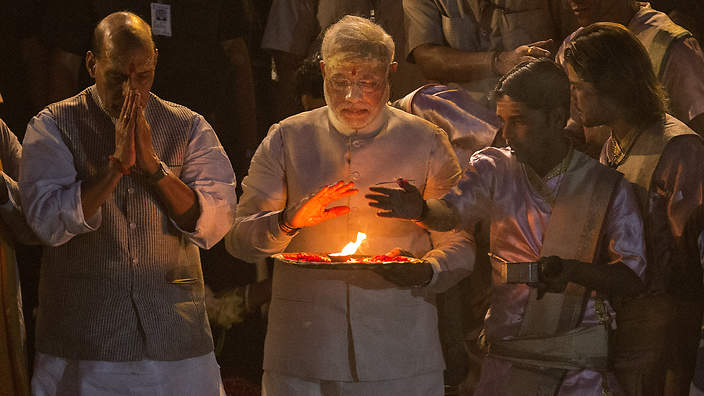 BJP leader Narendra Modi Prays At The Famous Dashaswamadeh Ghat On The Ganges River