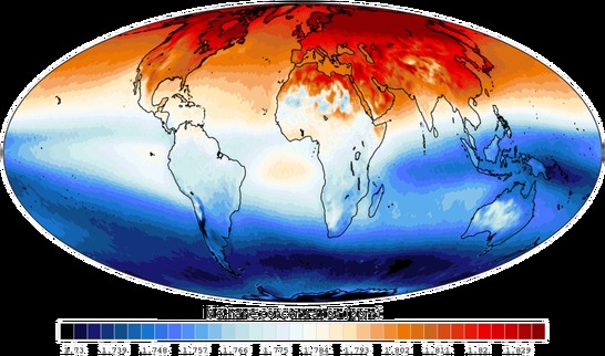 Global atmospheric methane chart 2006-2009 showing Methane concentration in the upper troposphere. 